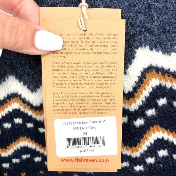FJALLRAVEN Womens Ovik Sweater Medium Blue Dark Navy Fairisle Wool Crewneck NWT - Picture 11 of 11